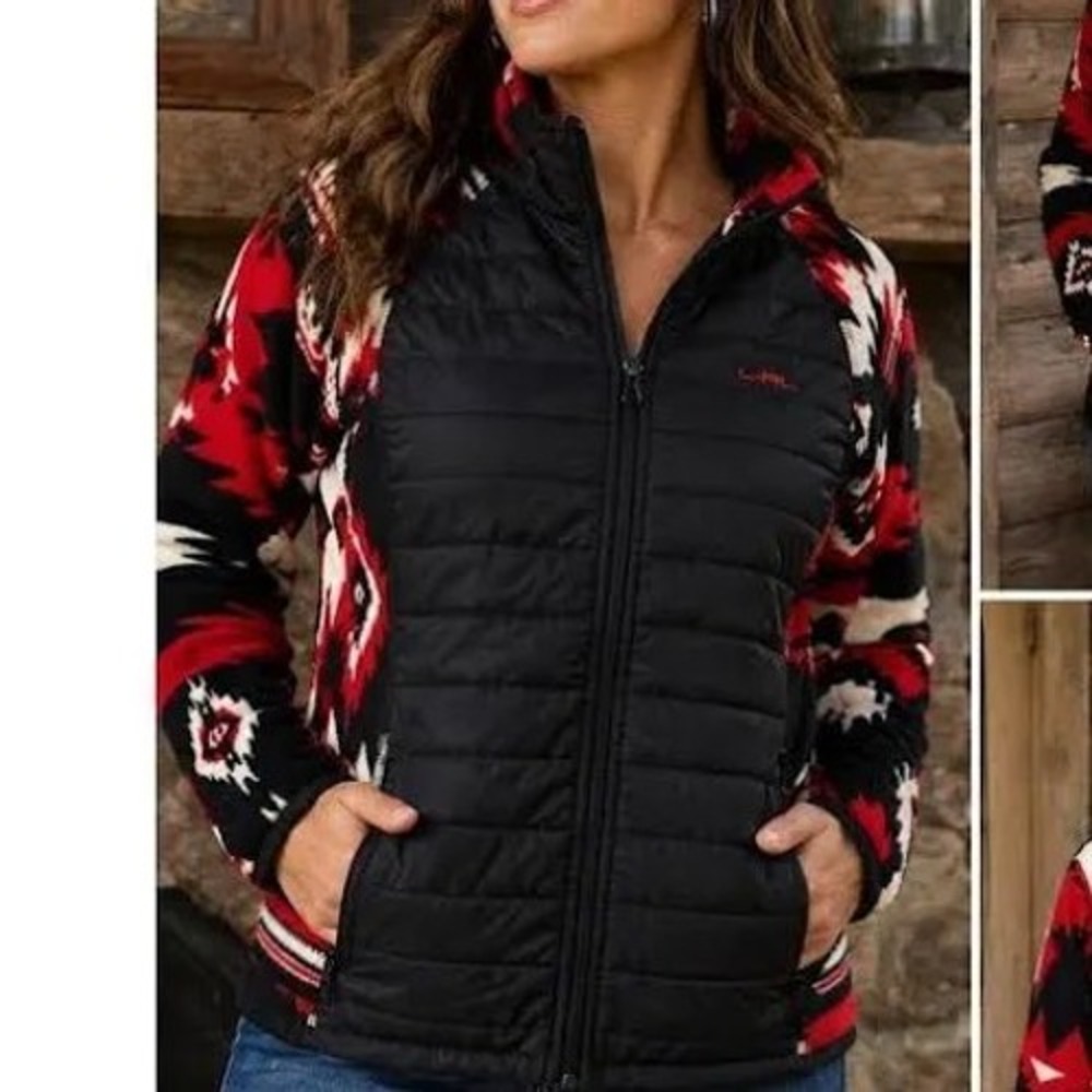 Lauren Ralph Lauren Active Southwestern Hybrid Puffer Fleece Jacket Red Black 1X